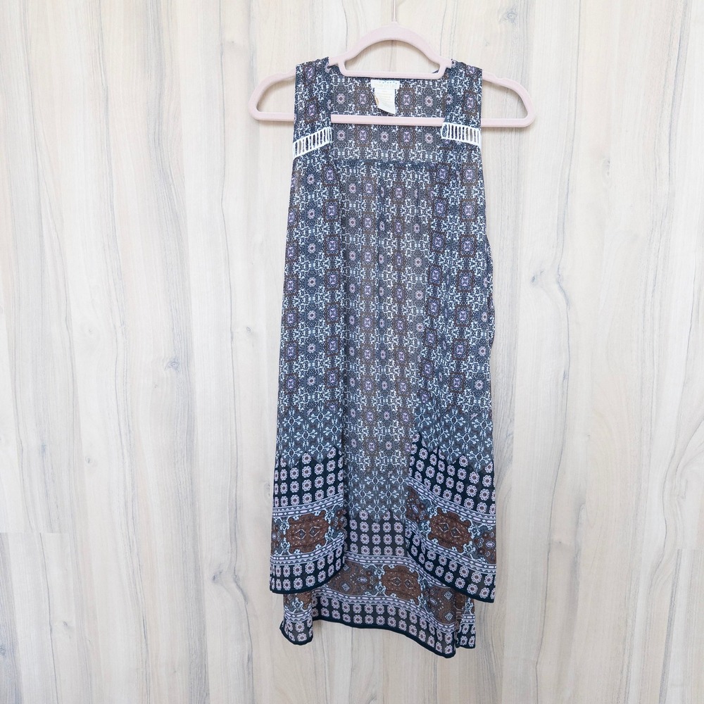 Womens Duster Vest S Blue Boho Geometric‎ Sheer Crochet Coastal Layer Hippie